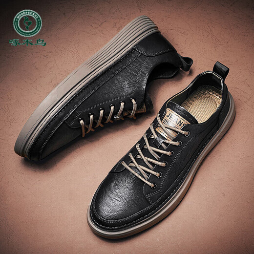 Woodpecker Men's Shoes Winter 2025 New Business Formal Wear British Trend Versatile Sports Shoes Men's Black Casual Leather Shoes Men's Black 42