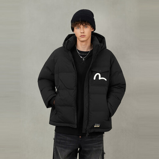 EVISU Fushen 2025 Autumn Seagull and Slogan Hooded Printed Down Jacket Men's Black S