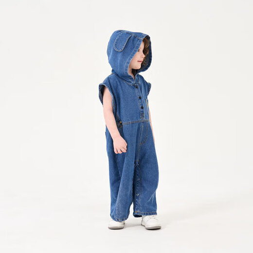 Baby denim outer wear spring and autumn children and girls one-piece Western-style jumpsuit Korean style overalls children's sleeveless pants royal blue hooded one-piece denim overalls 100 (28-35Jin Jin equals 0.5kg)