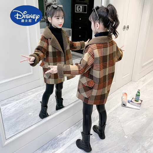 Disney (Disney) Girls Autumn and Winter Woolen Jacket 2025 New Children's Clothing Western Style Mid-Length Medium and Large Children's Tartan Coat Orange Velvet Thickening 130 cm