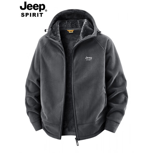 JEEP SPIRIT Jeep Polar Fleece Jacket Men's Autumn and Winter Young and Middle-aged Loose Large Size Casual Jacket Coldproof Plus Velvet Thickened Dark Gray Velvet 2518A Hooded 2XL Recommended 145-160Jin Jin equals 0.5 kg