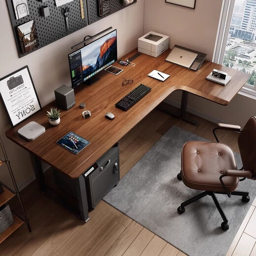 Dear four-legged corner electric lift table L-shaped leather solid wood gaming desk home computer desk office desk length 140*width 60*corner 110cm with embedded power strip Z4 four-legged dual motor + pure solid wood right corner 3cm thick
