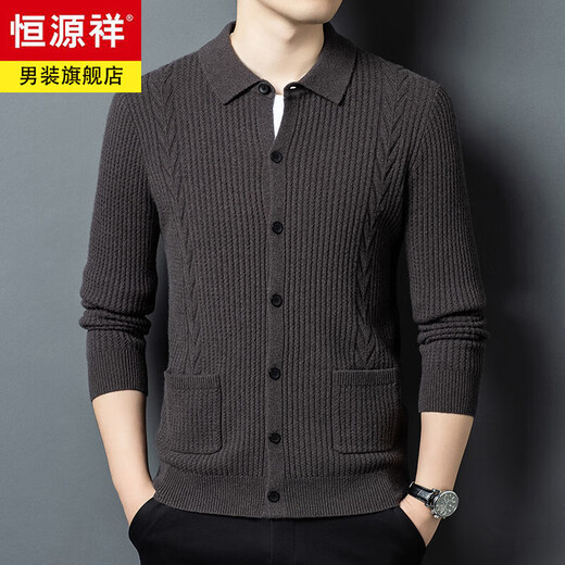 Hengyuanxiang high-end 100% pure wool sweater men's knitted cardigan autumn and winter middle-aged thickened lapel pocket single-breasted sweater jacket caramel 450g nine-needle L (170)