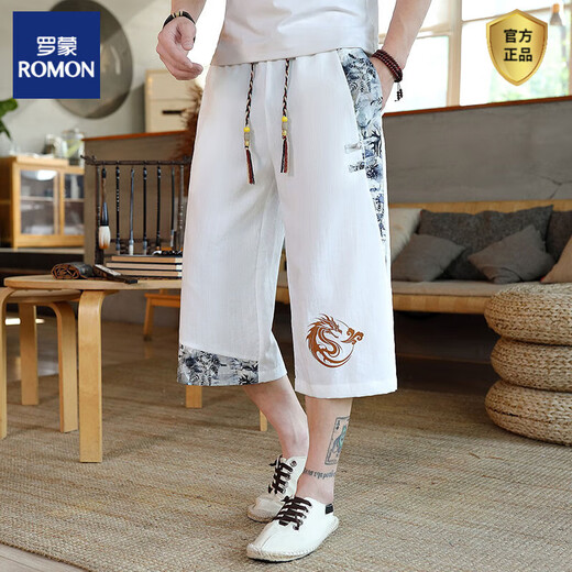 罗蒙（ROMON）中国风七分裤男夏季新中式短裤青少年个性冰丝凉感国潮休闲哈伦裤 TM-T20白色 XL
