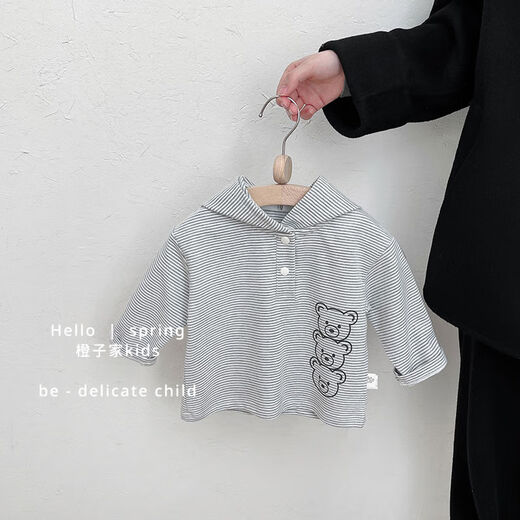 New spring and autumn clothing for infants and young children, hooded sweatshirts for boys, striped cartoon tops for baby girls, fashionable solid color inner wear, stripes 80 80cm