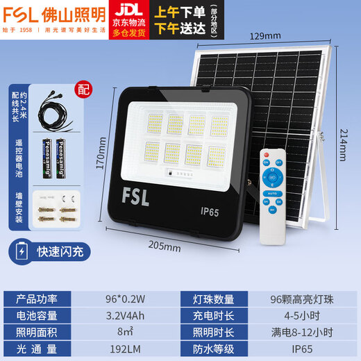 FSL Foshan Lighting Solar Outdoor Light New Street Light New Countryside IP65 Waterproof Courtyard Super Bright Floodlight Lighting Street Light 192lm+with 2.2m charging cable+remote light control