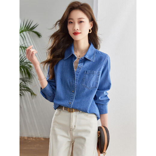 Fanximan dark blue American retro denim shirt women's 25th autumn new loose and versatile lapel long-sleeved jacket V8780 Denim Blue M (recommended 100-110Jin Jin equals 0.5kg)