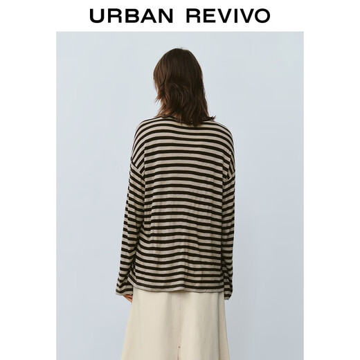 UR2025 new autumn women's temperament daily contrast striped long-sleeved T-shirt UWM450132+ brown striped S