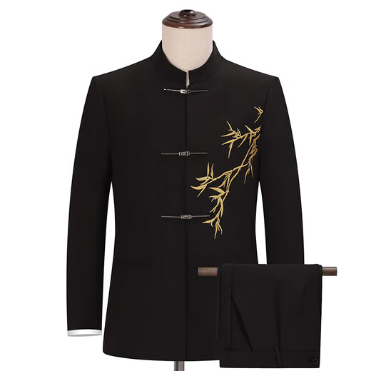 GOKU Men's New Chinese Style Engagement Dress Stand Collar Mao Suit Suit Chinese Style Embroidered Suit for Marriage Tang Suit Men Golden Bamboo Jacket + Pants 3XL Recommended Weight 150-180 Jin Jin equals 0.5 kg
