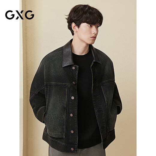 GXG Men's Barn Style Collar Spliced PU Denim Jacket Men's Loose Retro Black Brown 185/XXL