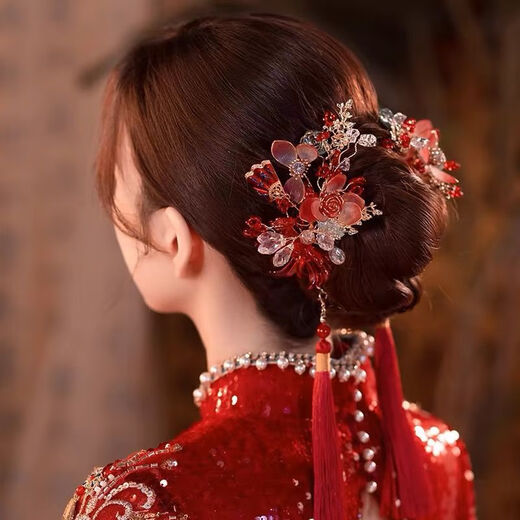 Lingchuan Chinese style bridal ear-hook hair accessories red crystal flower tassel Xiuhe headdress wedding cheongsam accessories hair accessories pair