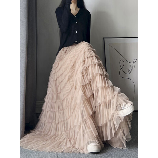 Xianqi mesh cake skirt for women 2025 autumn new mid-length skirt a-line skirt high-end pleated umbrella skirt black one size fits all recommended 80-155 Jin Jin equals 0.5 kg