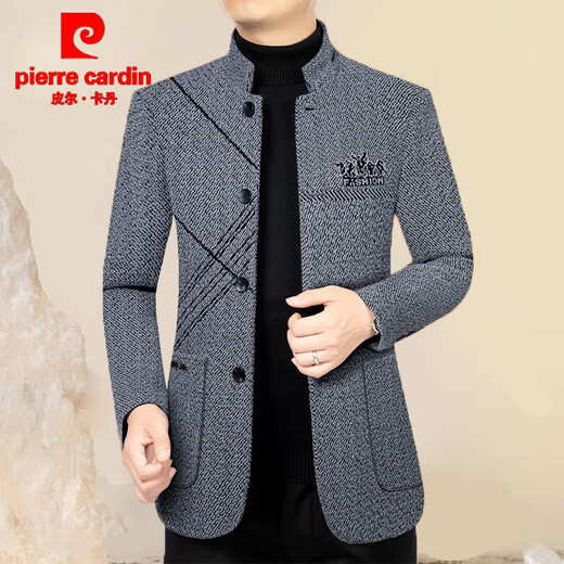 Pierre Cardin Wolljacke Herren Herbst und Winter mittleren Geschäftsstandkragen Jacke Männer Casual Trendy Plush Jacket Daddy Anzug Dunkelgrau L (120-140jin [Jin gleich 0,5 kg])