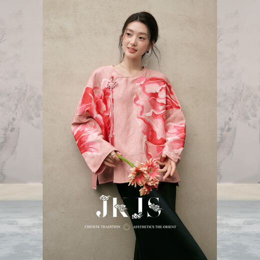 JK&JS Huahuaman rayon linen positioning embroidery shirt jacket spring and autumn new Chinese design niche peach pink S