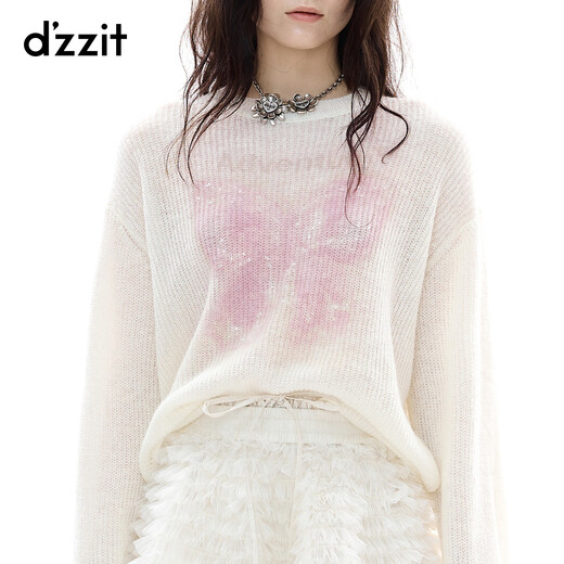 DZZIT Disu Sweater 2025 Winter New Girly Style Butterfly Print Beaded Decorative Top Women 3J4E4631B White XS