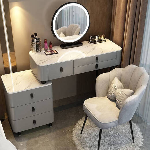 Small apartment solid wood dressing table bedroom modern simple high-end solid wood slate dressing table storage cabinet integrated CHH solid wood frame black handle (7MM slate) white 115.5 three-drawer table + smart mirror + cabinet + bird's nest stool