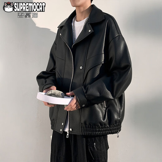 My Royal Cat American Leather Jacket Men's Spring and Autumn Versatile Retro Handsome Versatile Motorcycle Leather Jacket WJ14 Black XL