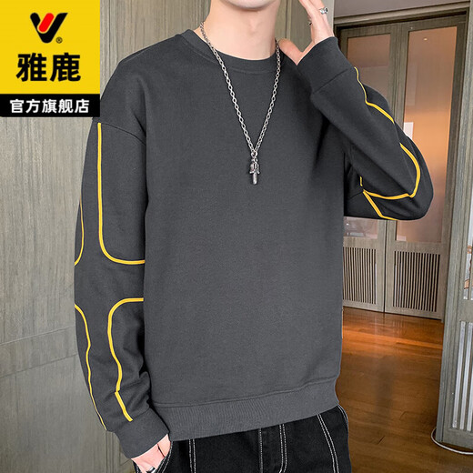 Yalu sweatshirt men's autumn and winter long-sleeved T-shirt loose round neck trendy brand plus velvet thickened large size bottoming shirt warm top DB601 black spring and autumn style XL recommended 140-160Jin Jin equals 0.5 kg