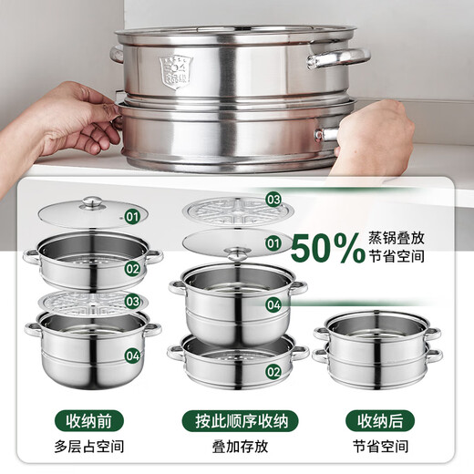 BSITN double-layer steamer 304 stainless steel 28cm two-layer steamer gas stove household induction cooker steamer two-layer 1403