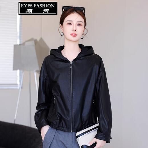 Yinghui Genuine Leather Jacket Women Haining Sheepskin Short Hooded Jacket Spring and Autumn New Vegetable Tanned Leather Casual Large Size Top Women Black XL