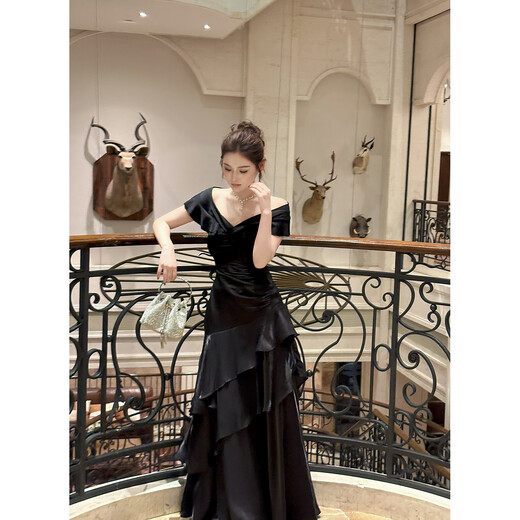 GJFDGood Job Rubens Holiday French black one-shoulder light luxury dress niche dress fishtail skirt porcelain black L