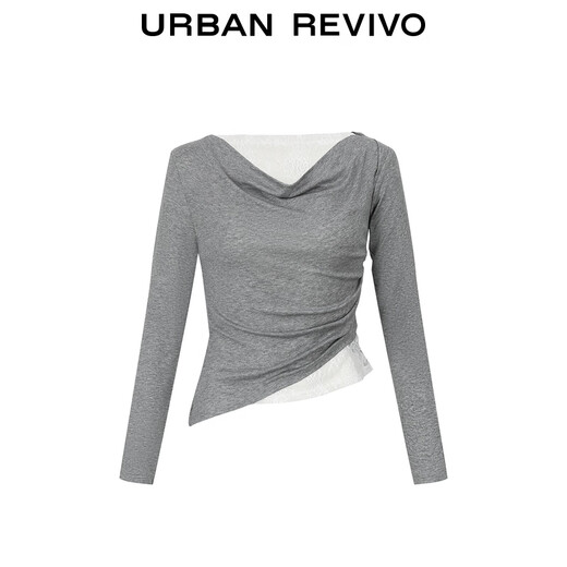 UR2026 spring new women's holiday pleated stitching lace one-shoulder long-sleeved T-shirt UWJ450159 floral gray (fabric slightly see-through) S