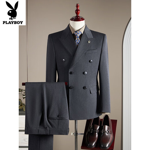 Playboy (PLAYBOY) double-breasted light luxury wool suit men's suit business formal fit plus size groom wedding suit three-piece black suit + trousers 4XL (165-180Jin Jin equals 0.5 kg)