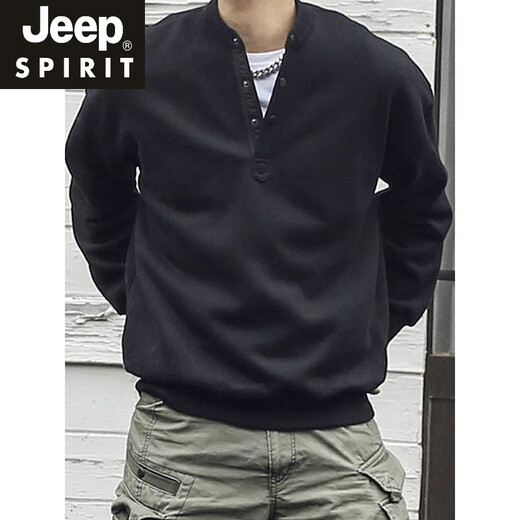 JEEP SPIRIT large size 300Jin Jin is equal to 0.5 kg large size men's Henry collar sweatshirt men's autumn and winter new American trendy brand loose top bottoming shirt black M