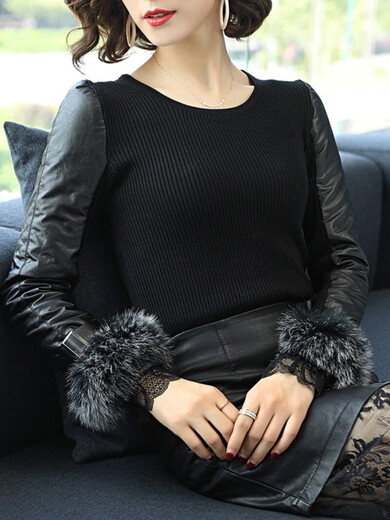 CARSEMKEITN leather sleeve bottoming shirt for women in winter with large fox fur long sleeves thickened velvet and fur down cotton sleeve sweater for women fox fur high collar whole body plus velvet S Recommended 80-95 Jin Jin equals 0.5 kg