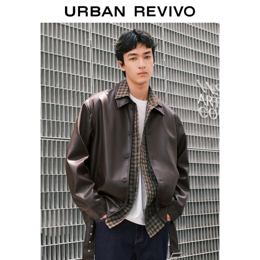 UR star same style 2025 autumn new men's retro PU silhouette jacket UMF150064 dark coffee brown M