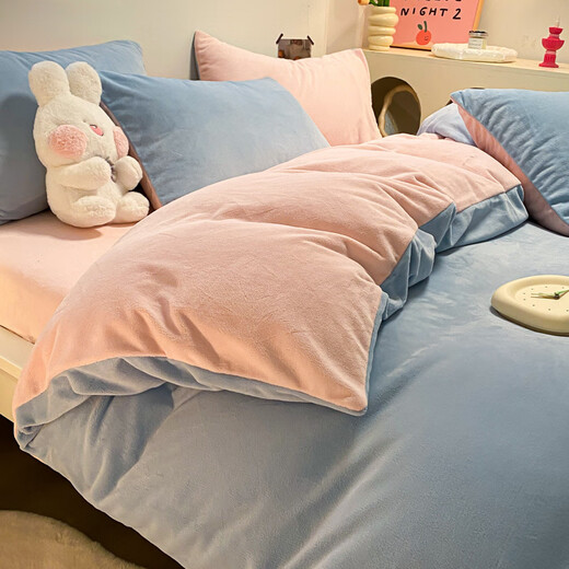 Nanjiren milk velvet four-piece winter thickened warm bed sheet and quilt cover bedding dormitory single solid color velvet set baby blue + pink jade double-sided warm velvet thickened and warm 2.0m bed sheet style four-piece quilt cover 220x240cm