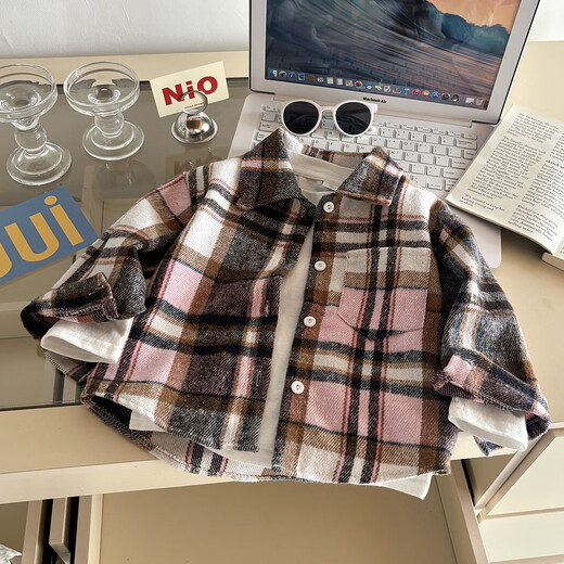 Boys' shirt long-sleeved autumn plaid shirt children's retro color block cardigan new lapel top jacket B83 CY100 100 cm