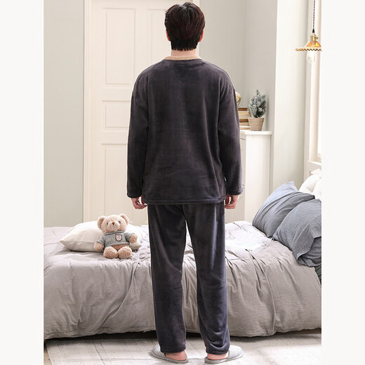 Pajamas, autumn and winter men's couple's pajamas, men's autumn and winter flannel plus velvet women's pajamas, women's thickened men's home clothes, flannel pajamas for women, beige bear L