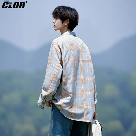 CLOR plaid long-sleeved shirt men's autumn ins loose casual shirt American retro jacket CLCX10 yellow XL