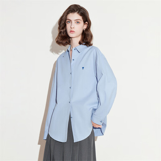Chuyu love embroidered shirt for women 2025 new autumn style simple versatile solid color top pure cotton shirt sky blue XL