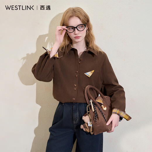 Westlink Westlink retro corduroy shirt for women winter new plaid corner pocket design loose and slim jacket brown M