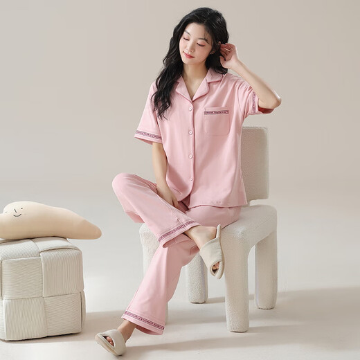 2025 New Pajamas Women Summer Short Sleeve Cotton Suit Cardigan Cute Summer Pants Cartoon Casual Season Home Clothes 9737 Pink XL 120-140Jin Jin is equal to 0.5 kg