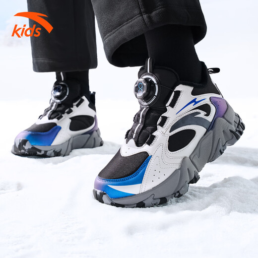 ANTA Children's Cotton Shoes 2026 Autumn and Winter New Men's and Large Children's Leather and Velvet Knob High-top Mountaineering Snow Boots Black/Silver-3 35
