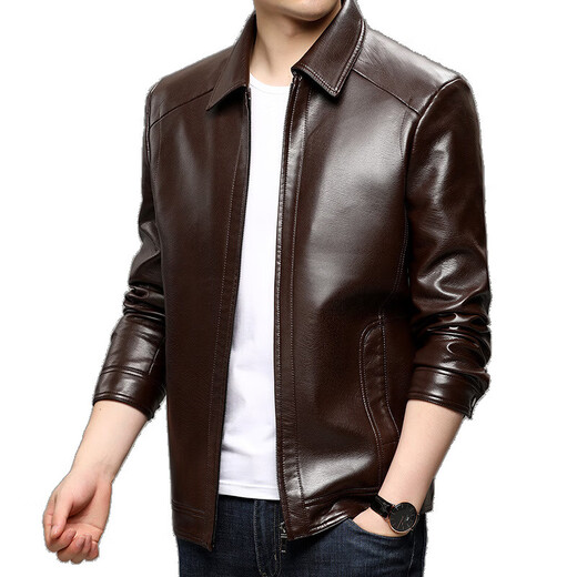 Leather men's casual lapel jacket autumn and winter warm business versatile pu leather motorcycle windproof jacket for young and middle-aged people black M 170/88A