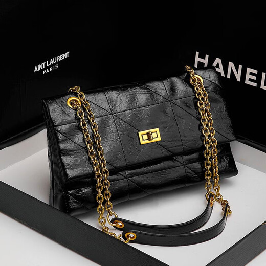 MOSPOKE light luxury brand genuine leather bag women's bag retro shoulder bag folding bag high cargo large capacity crossbody bag Y buckle black