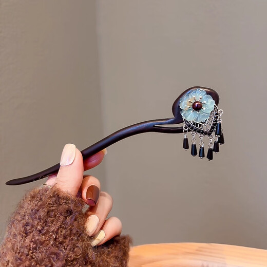 Pei Nanwei's temperament flower ebony hairpin for women, ancient style and high-end tassel hairpin, new Chinese style hairpin, Hanfu headdress, small flower tassel - 1 piece of sandalwood hairpin