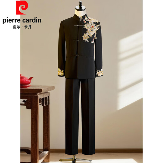 Pierre Cardin New Chinese Style Xiuhe Suit Groom Mao Suit Wedding Suit Tang Suit Blazer Men's Engagement Black Toast Suit Dragon Pattern Top + Pants M Contact Customer Service for Size
