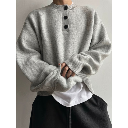 Jufeng light gray Henry collar velvet sweater men's autumn and winter lazy style high-end knitted sweater thickened American polo gray velvet upgraded model 95% users choose 2XL