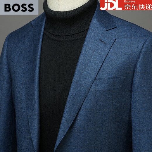 BOSS men's business suit top spring and autumn high-end sheep wool men's suit jacket plaid single suit blue 2XL 185/52B