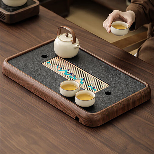 Black gold stone tea tray for home living room rectangular high-end kung fu tray small dry brewing tea table water storage type wood grain Yuanshan tea tray-39*26*5cm small size