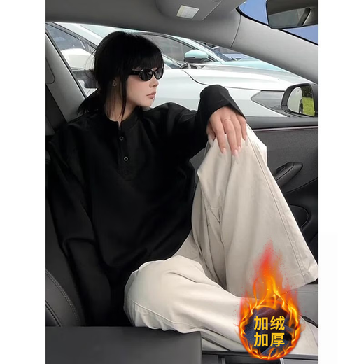 Katuchi American Henry collar long-sleeved sweatshirt for men and women in autumn and winter plus velvet thick boxy version right shoulder inner layering clothes base shirt white gray XL