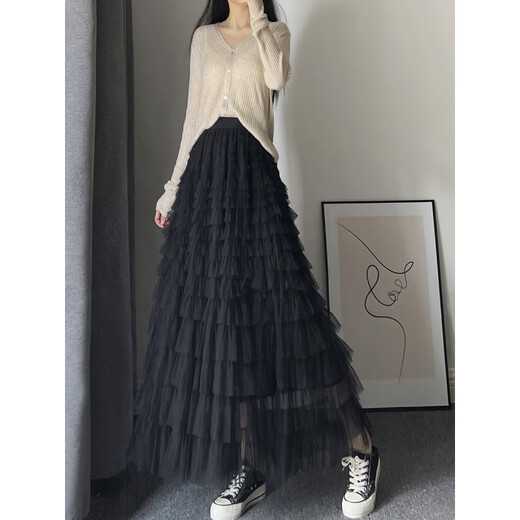 Xianqi mesh cake skirt for women 2025 autumn new mid-length skirt a-line skirt high-end pleated umbrella skirt black one size fits all recommended 80-155 Jin Jin equals 0.5 kg