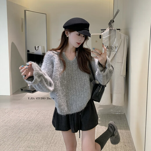 Su Yuwei old money style gray high-end twist U-neck sweater for women autumn and winter lazy style drawstring bell sleeve sweater top yellow Follow the store - free shipping insurance S (80-95Jin Jin is equal to 0.5 kg)