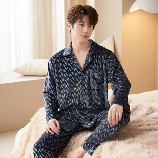 The Da Vinci Code couple pajamas autumn and winter warm gold velvet high-end jacquard home wear set gray blue L