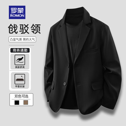 ROMON British style suit jacket spring and autumn loose fashion retro suit versatile jacket men's top black L